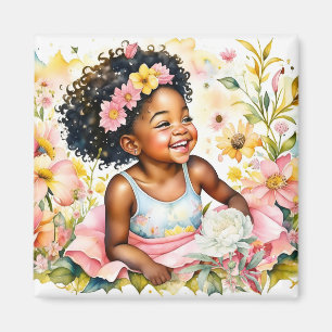 Aimant Petite fille en fleurs roses Aquarelle Art