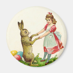 Aimant Petite fille vintage Danse avec lapin Oeuf de Pâq