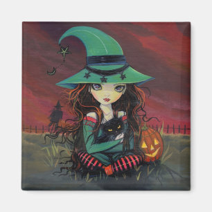 Aimant Petite sorcière et amant d'Halloween Chat Noir