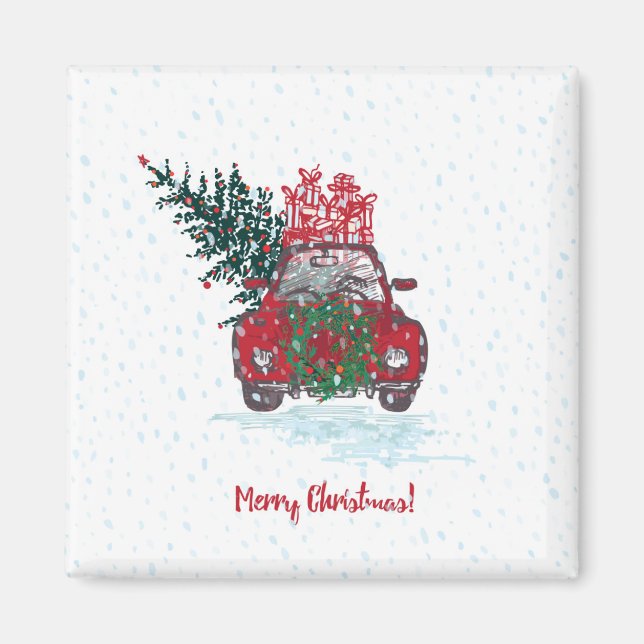 Aimant Petite voiture de Noël rouge (Devant)