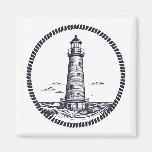 Aimant Phare à la mer dans un cadre de corde ronde