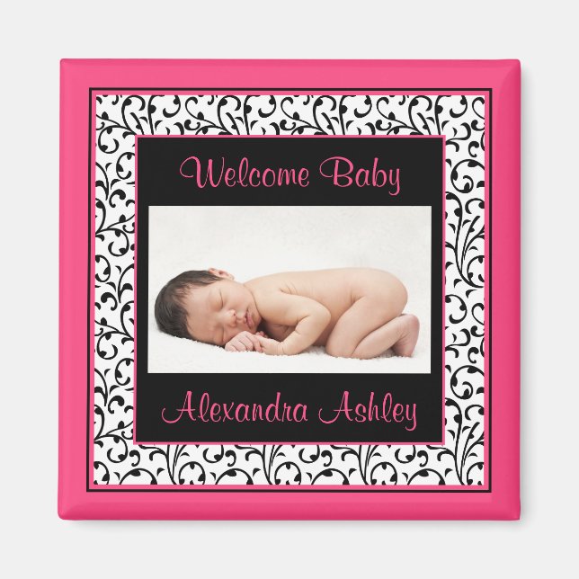 Aimant photo noir rose chaud Damas Floral Baby (Devant)