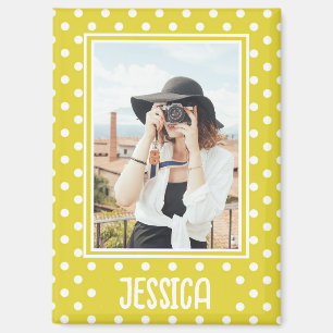 Aimant Photo personnalisée et nom de la Polka jaune vif