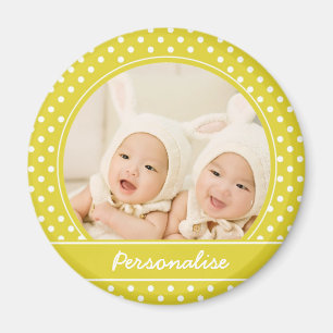 Aimant Photo personnalisée et nom de la Polka jaune vif