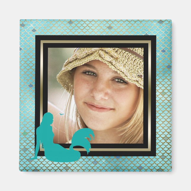 Aimant Photo personnalisée Sirène Turquoise Nautique Or (Devant)
