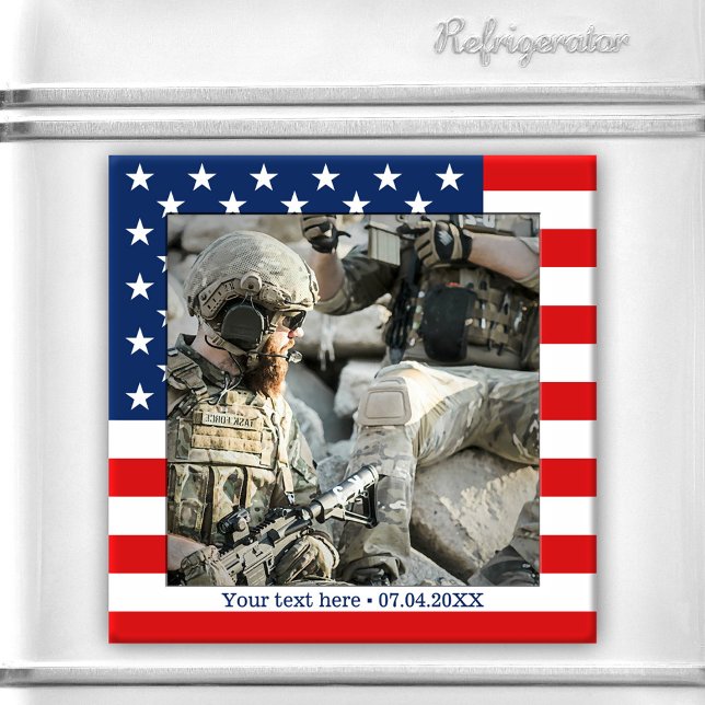 Aimant Photographe personnalisé USA Flag Patriot (Patriot photo magnet featuring your own favorite photo framed by an American flag design)