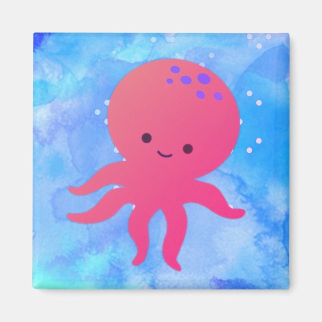 Aimant Pieuvre En Cartoon Cute Dans L'Aquarelle Bleue (Devant)