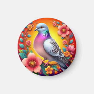 Aimant Pigeon coloré entouré de fleurs vibrantes