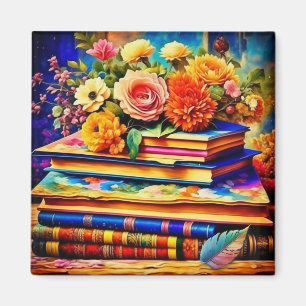 Aimant Pile de livres et de fleurs Vintages