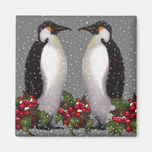 Aimant Pingouins de Noël dans la neige, houx : Art
