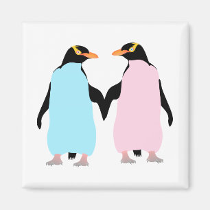 Aimant Pingouins roses et bleus se tenant la main.