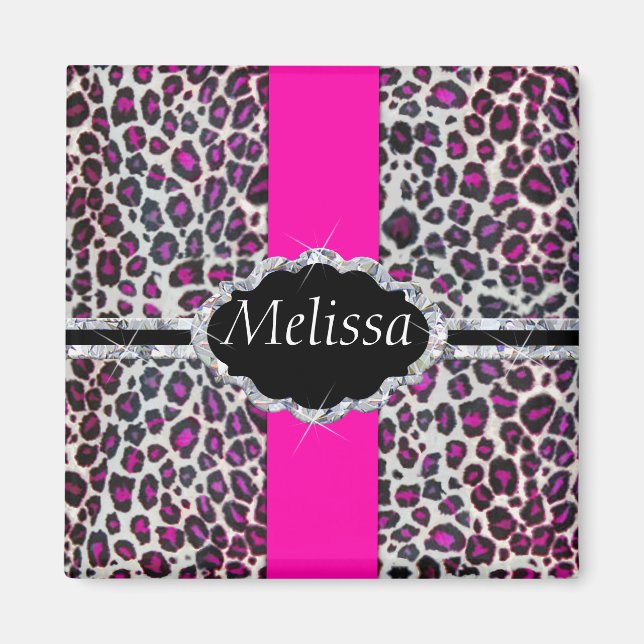 Aimant Pink Cheetah Imprimer Diamant Monogramme (Devant)