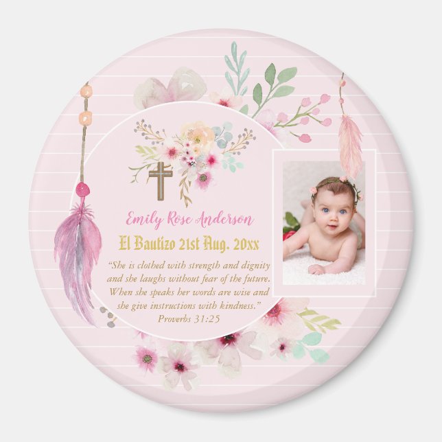 Aimant Pink Floral BAUTIZO Baptême Bible Verse Photo Girl (Devant)