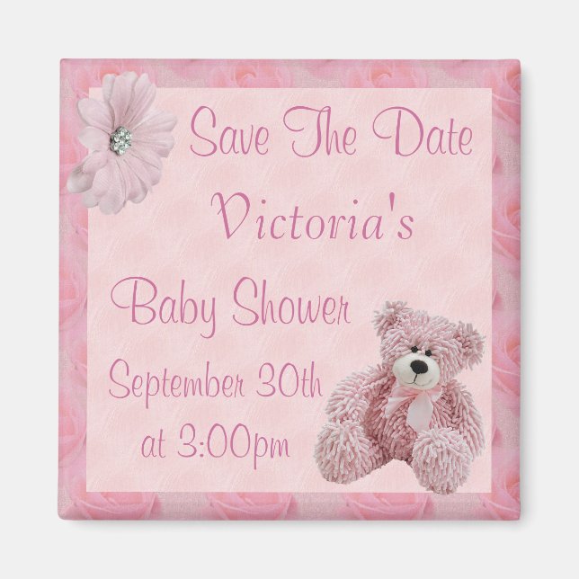 Aimant Pink Teddy Enregistrer la date Baby shower fille (Devant)