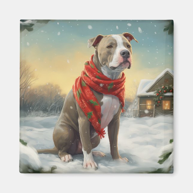 Aimant Pitbull Chien dans Noël de neige (Devant)