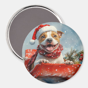 Aimant Pitbull Chien en Luge Laissez Tomber la Neige Noël