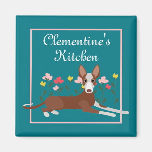 Aimant Podenco Fille Chien Personnalisé Fille Floral Bleu