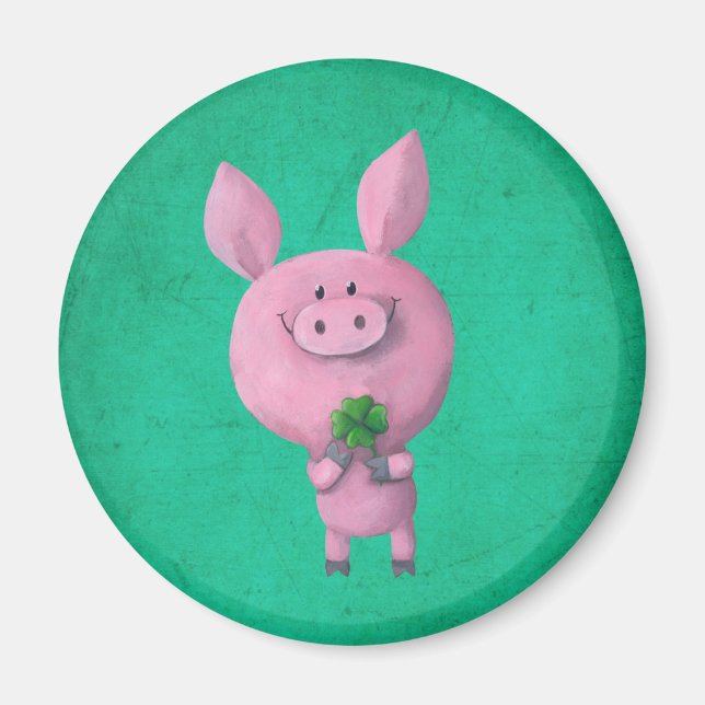 Aimant Porc chanceux avec quatre feuilles de trèfle chanc (Devant)
