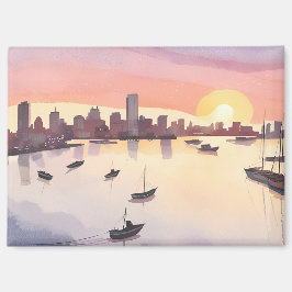 Aimant Port de Boston | Ville de l'aquarelle Massachusett