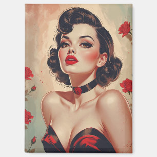 Aimant Portrait Brunette Pin Up Red Roses