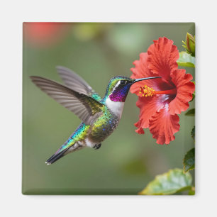 Aimant Portrait de fleur d'hibiscus au colibri iridescent