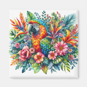 Aimant Portrait de perroquet floral Aquarelle colorée