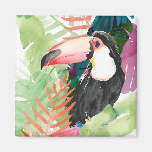 Aimant Portrait toucan avec Feuilles tropicaux (Devant)