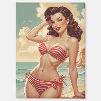 Poster Pin-up Brown en Bikini rouge et blanc