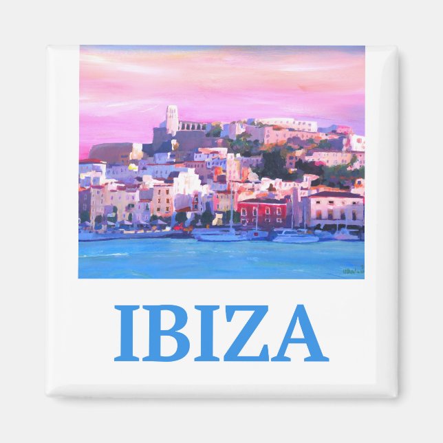 Aimant Poster rétro Ibiza Vieille ville et port (Devant)