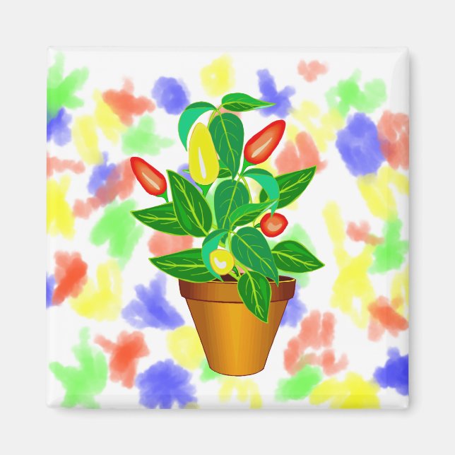 Aimant Pot avec plante poivré rouge et jaune (Devant)