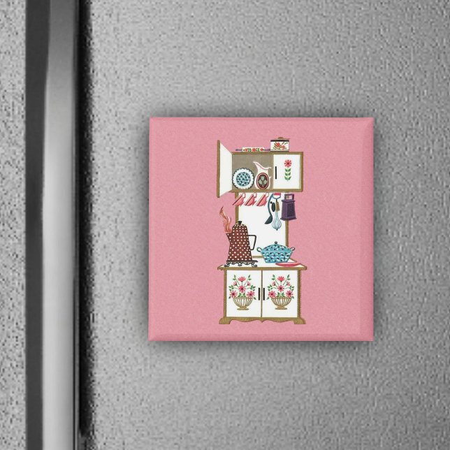 Aimant Pot café vintage Antique Retro (Vintage white cooking stove flowers pots pans utensils on pink magnet.)