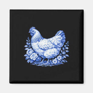 Aimant Poulet Floral Bleu Toile De Jouy Mignon Poulet Loi