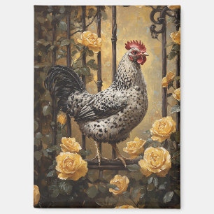 Aimant Poulet tacheté aux roses jaunes, peinture à l'huil