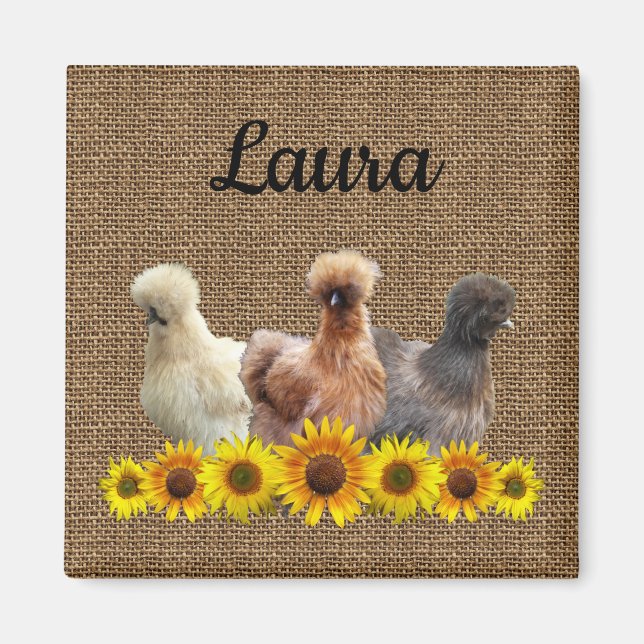 Aimant Poulet Votre Nom Silkie Sunflowers Burlap (Devant)