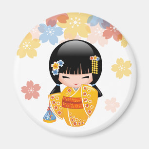 Aimant Poupée d'été Kokeshi - Kimono Jaune Geisha Girl