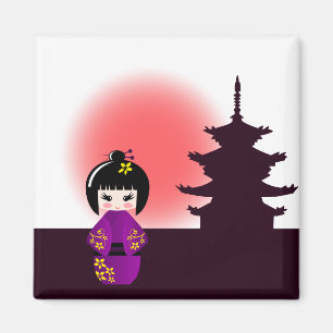 Aimant Poupée japonaise kokeshi au temple au coucher du 