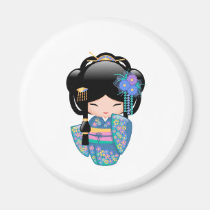 Aimant Poupée Keiko Kokeshi - Blue Kimono Geisha Girl
