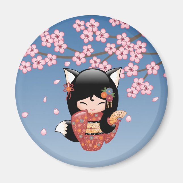 Aimant Poupée Kitsune Kokeshi - Black Fox Geisha Girl (Devant)