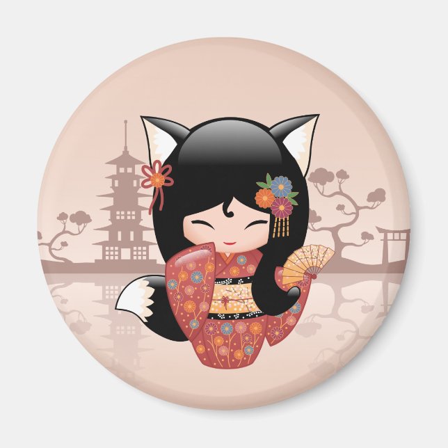 Aimant Poupée Kitsune Kokeshi - jolie fille Black Fox (Devant)