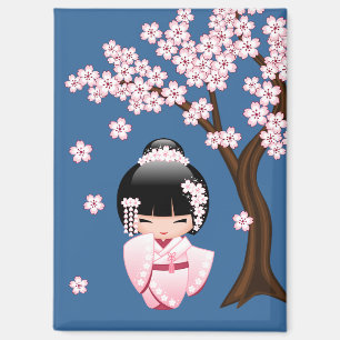 Aimant Poupée Kokeshi au kimono rose sur fond bleu