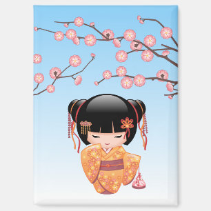 Aimant Poupée Kokeshi Ume - Fille Geisha Japonaise Bleue