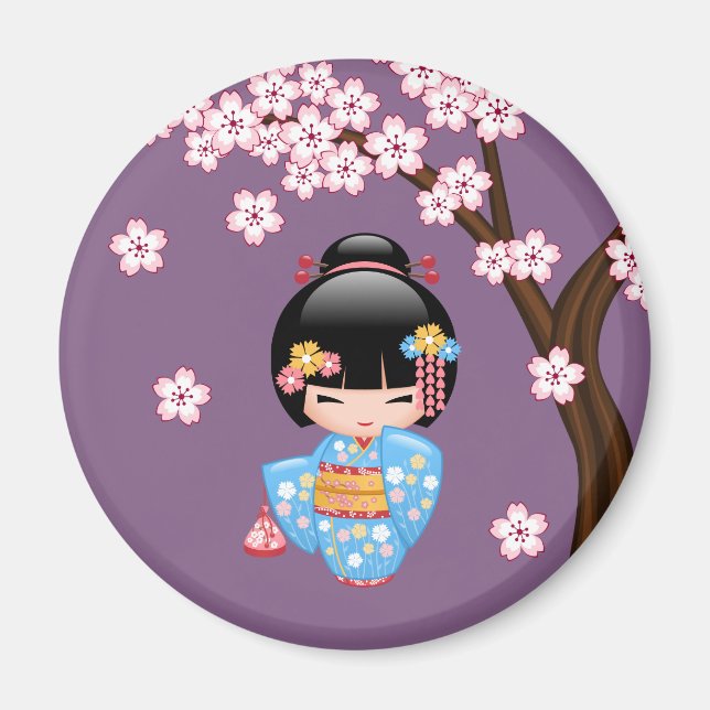 Aimant Poupée Maiko Kokeshi - Blue Kimono Geisha Girl (Devant)