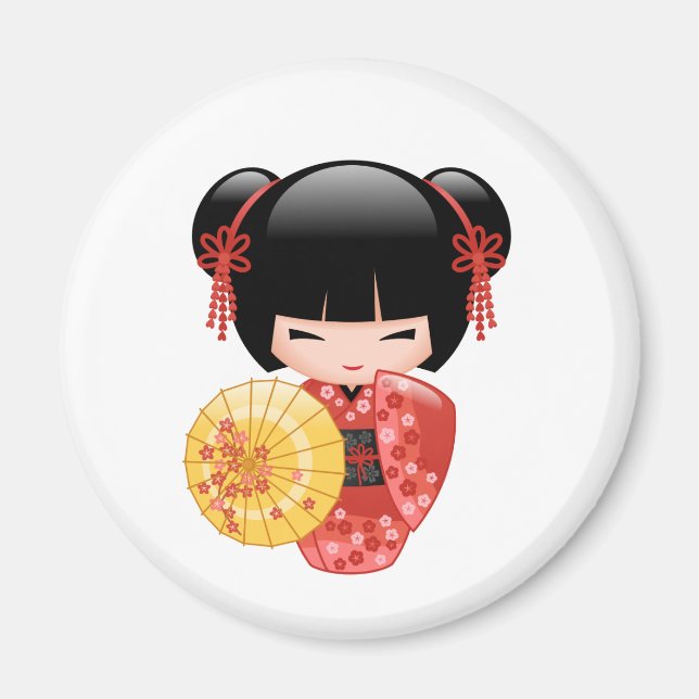 Aimant Poupée Rouge Sakura Kokeshi - Cute Japonaise Geish (Devant)