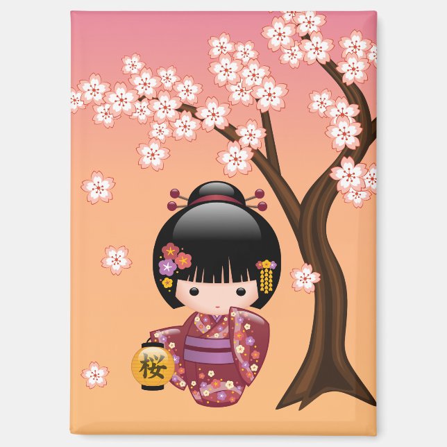 Aimant Poupée Sakura Kokeshi - Geisha Girl on Peach (Recto)