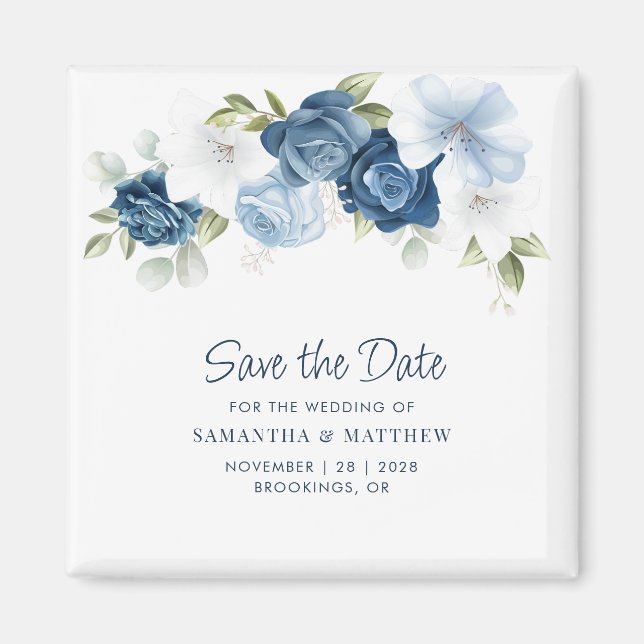 Aimant Poussière de fleurs botaniques Bleu Save the Date  (Devant)