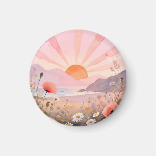 Aimant Prairie de Fleurs Sauvages au Coucher de Soleil Pa