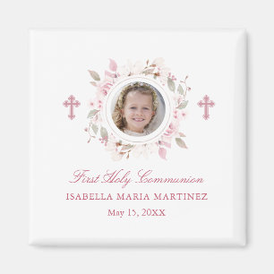 Aimant Première communion Photo Croix rose Fleur Favorise