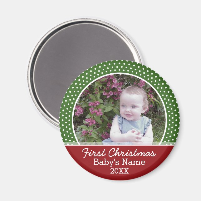 Aimant Première photo de Noël du bébé - Rouge et Vert (Recto/Verso)