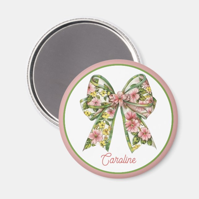 Aimant Preppy Pink and Green Floral Bow Personalized (Recto/Verso)