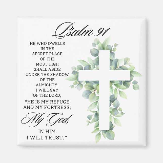 Aimant Psalm 91:1-2 Religious Cross Greenery Bible Verse (Devant)